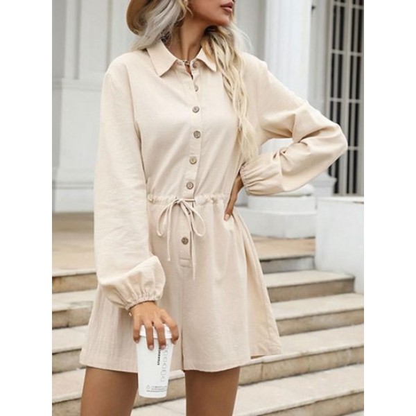 Button Placket Drawstring Waist Shirt Romper