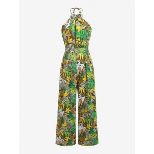 Flower Tropical Leaf Print Halter Wide Leg Jumpsuit