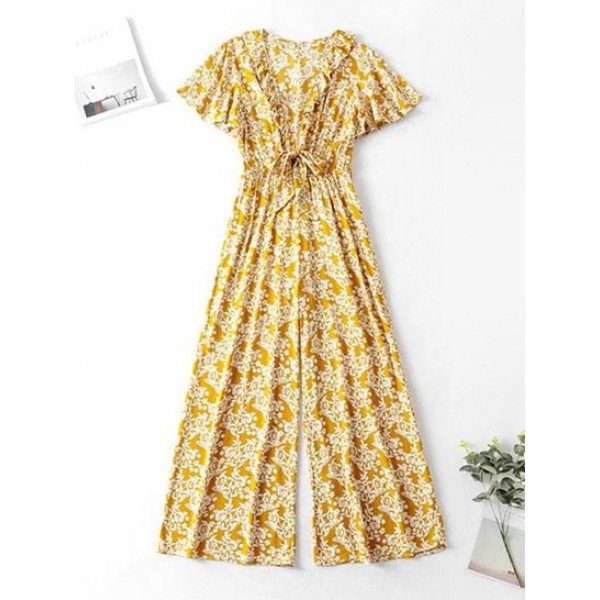 Floral Print Flutter Sleeve Flounce Wide Leg Jumpsuit