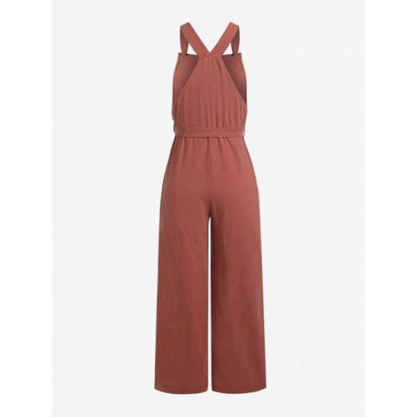 Tie Shoulder Belted Wide Leg Overalls Jumpsuit