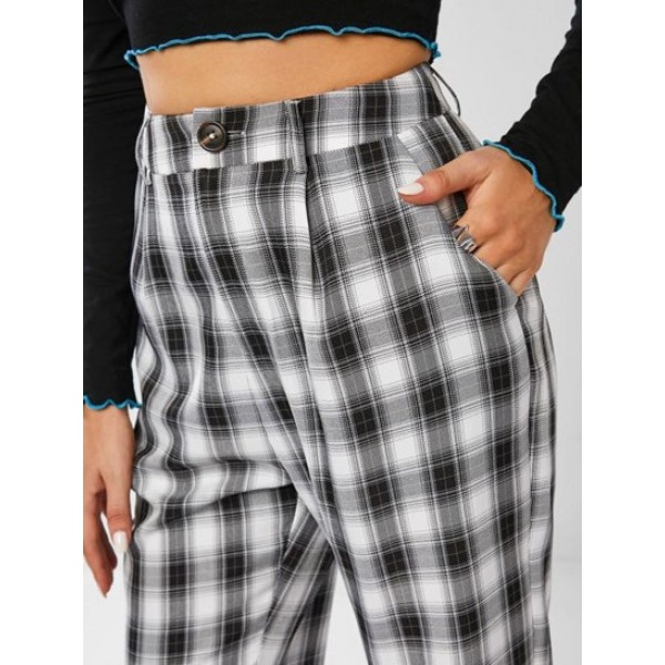 Checked Split Hem Straight Pants