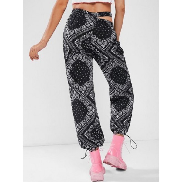 Paisley Print Toggle Drawstring Cutout Pants