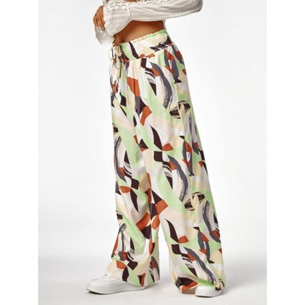 Smocked Waist Abstract Print Wide Leg Pants