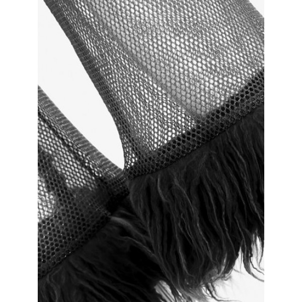 Metallic Fishnet Furry Hem Capri Wide Leg Pants