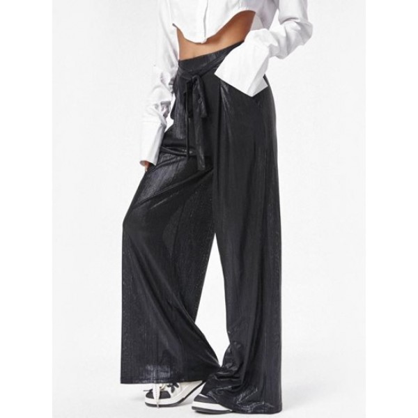 Metallic Belted Pocket Wide Leg Pants