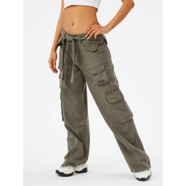 Flap Pockets Belted Cargo Wide Leg Pants