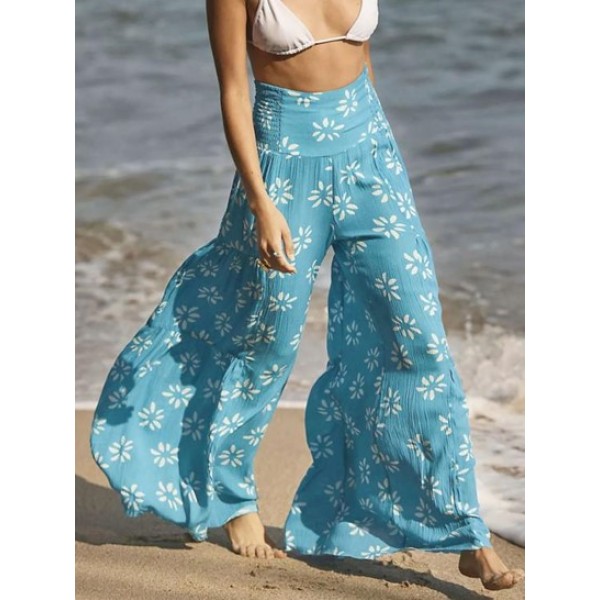 Floral Print Smocked Belted Wide Leg Pants