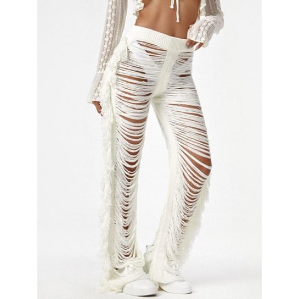 Fringed Distressed Knit Beach Pants