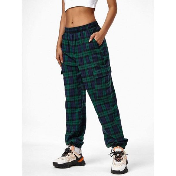 High Waist Pockets Plaid Cargo Pants